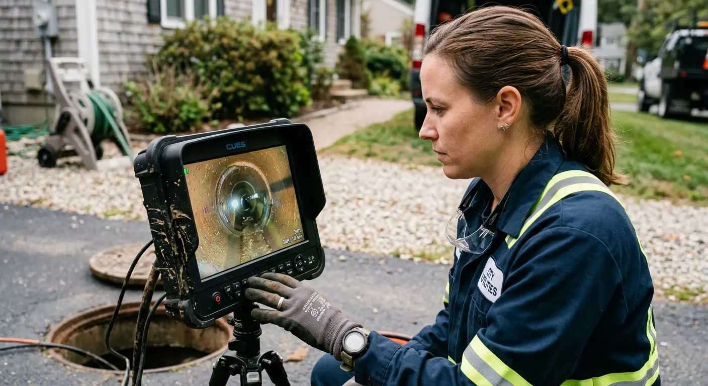 Technician reviewing sewer camera inspection footage in Yankton