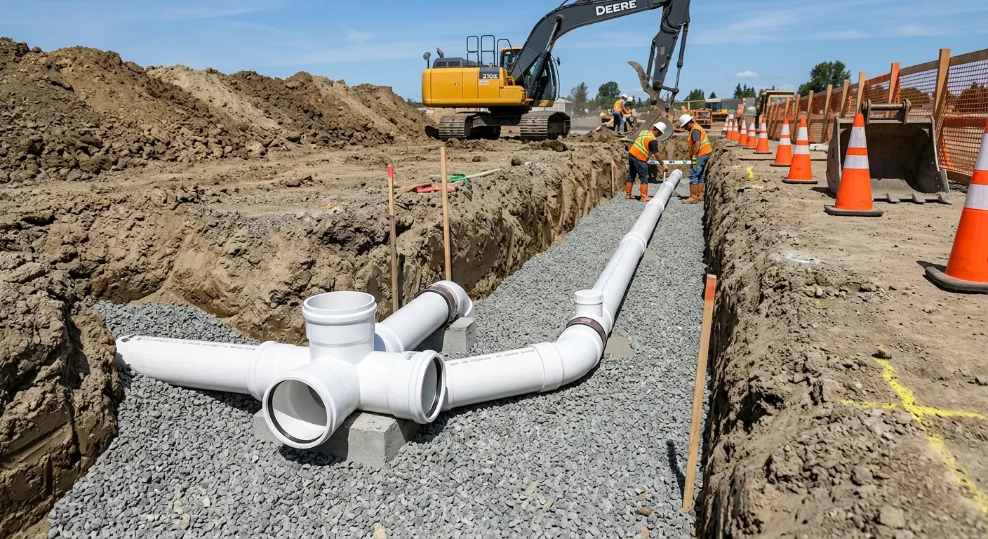 New PVC sewer pipe installation in open trench for Sewer Backup in Yankton