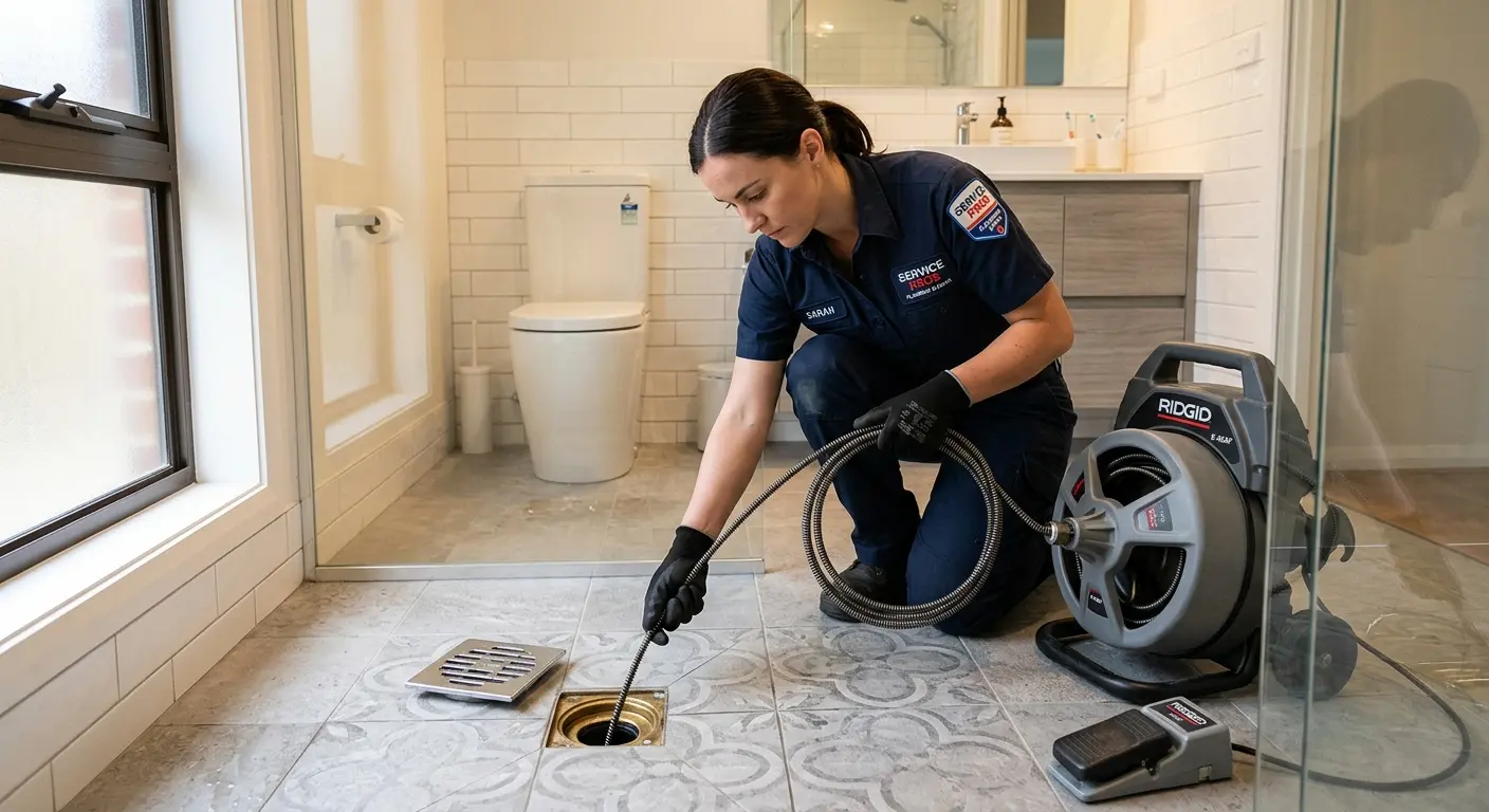 Technician clearing a bathroom floor drain for Clogged Drain Repair in Yankton
